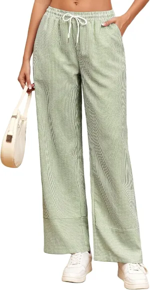 ZAFUL 2025 Womens Striped Linen Pants Cute Vintage Y2K Summer Beach Ankle Pants with Pockets, Comfy PJ Trousers