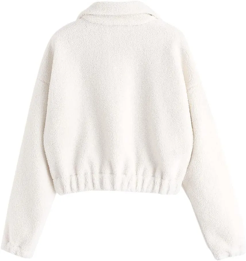 ZAFUL Women's Fashion Long Sleeve Lapel Half Zip Plain Faux Fur Sweatshirt Solid Color Crop Pullover Tops