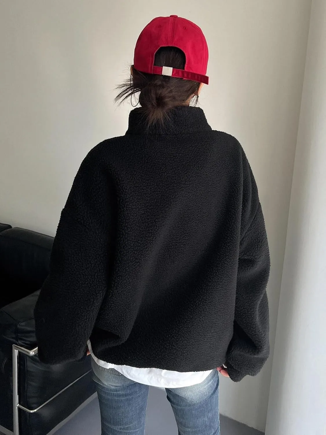 ZAFUL Women's Fashion Long Sleeve Lapel Half Zip Plain Faux Fur Sweatshirt Solid Color Crop Pullover Tops