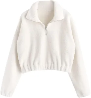 ZAFUL Women's Fashion Long Sleeve Lapel Half Zip Plain Faux Fur Sweatshirt Solid Color Crop Pullover Tops