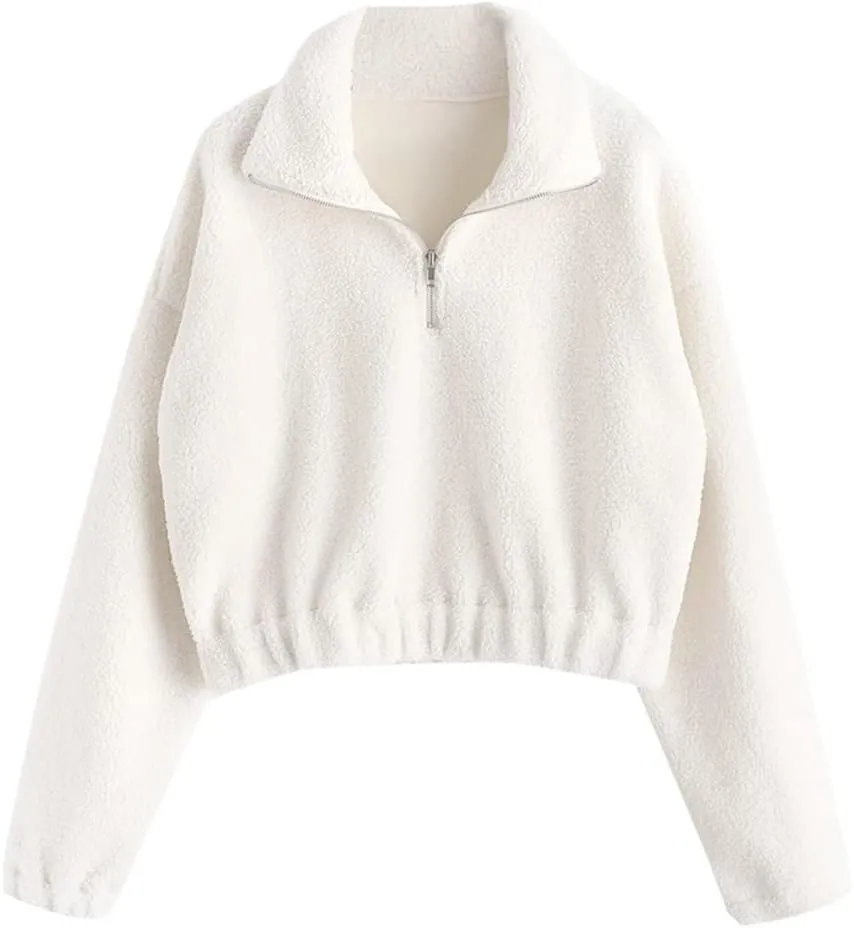 ZAFUL Women's Fashion Long Sleeve Lapel Half Zip Plain Faux Fur Sweatshirt Solid Color Crop Pullover Tops