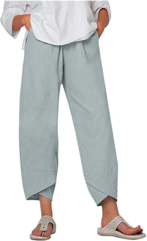 ZDRZK Capri Linen Pants Women Summer Casual High Waist Wide Leg Cropped Pant Loose Fit Beach Pant Trousers Plus Size