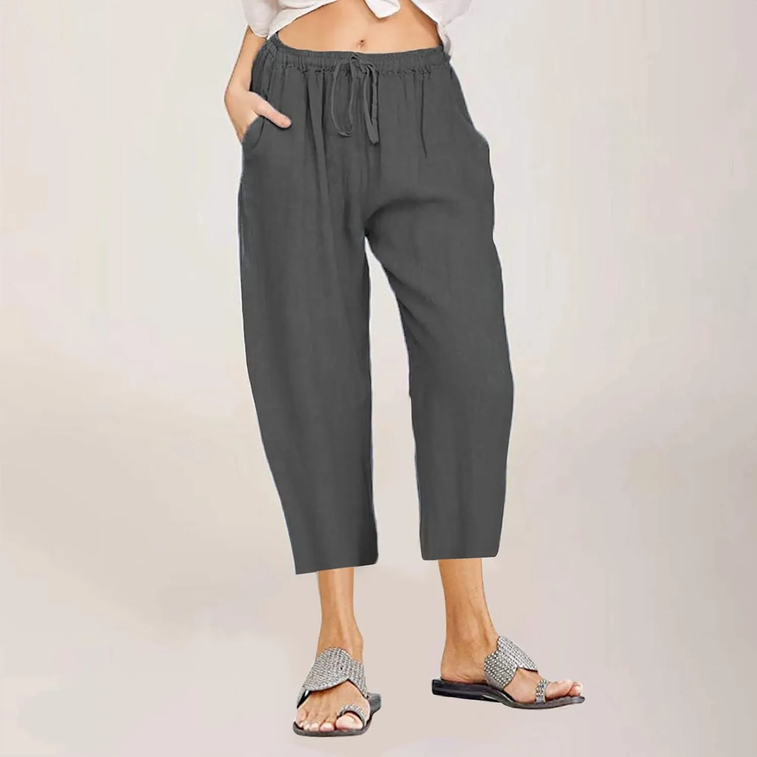 ZDRZK Lightweight Summer Pants Women Casual Cotton Linen Cropped Pants Elastic Waist Drawstring Wide Leg Capris Trousers