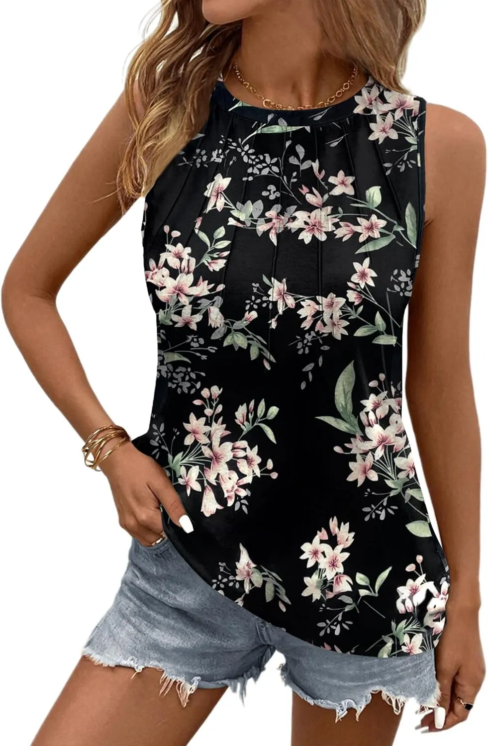 Zeagoo Summer Tank Top for Women 2025 Pleated High Neck Tops Loose Fit Flowy Dressy Tunic Sleeveless Shirts