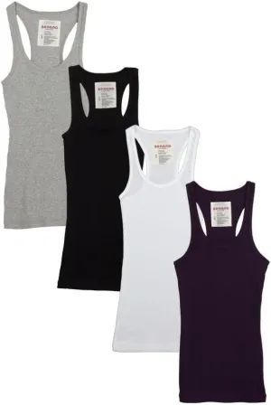Zenana Outfitters 4 Pack Womens Ribbed Racerback Tank Top Black/White/Hgrey/DKPURPLE M