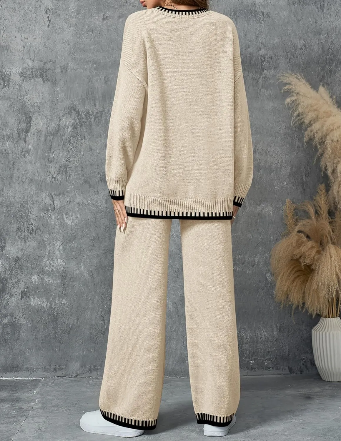 ZESICA Womens Casual 2 Piece Outfits Sweater Sets Long Sleeve Pullover Tops Wide Leg Pants Lounge Set