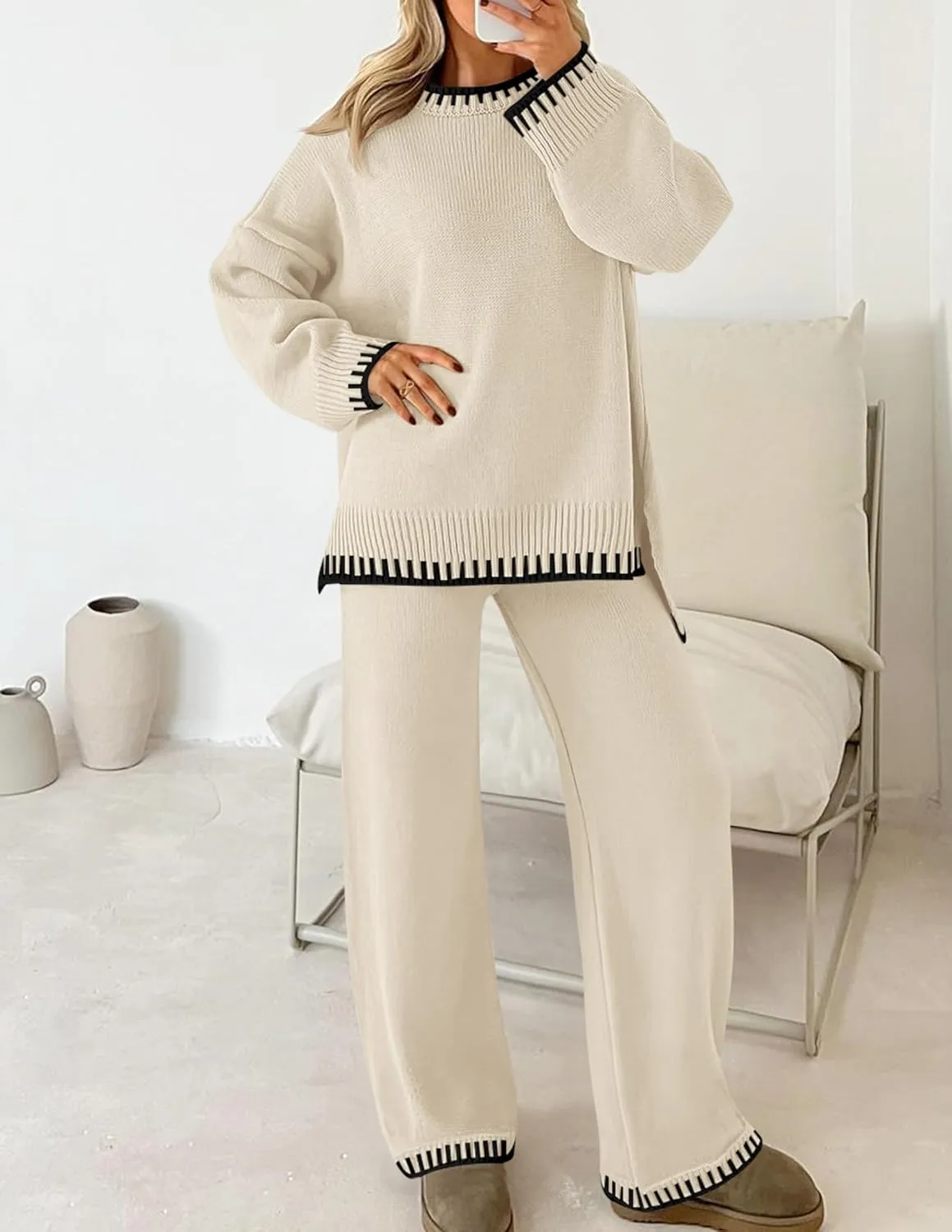 ZESICA Womens Casual 2 Piece Outfits Sweater Sets Long Sleeve Pullover Tops Wide Leg Pants Lounge Set
