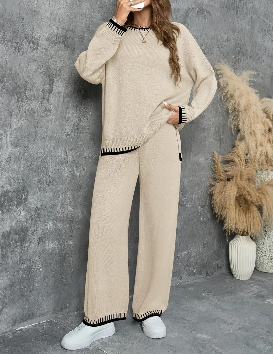 ZESICA Womens Casual 2 Piece Outfits Sweater Sets Long Sleeve Pullover Tops Wide Leg Pants Lounge Set