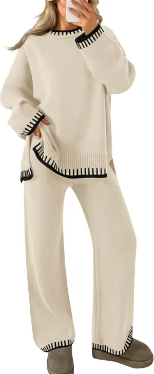 ZESICA Womens Casual 2 Piece Outfits Sweater Sets Long Sleeve Pullover Tops Wide Leg Pants Lounge Set