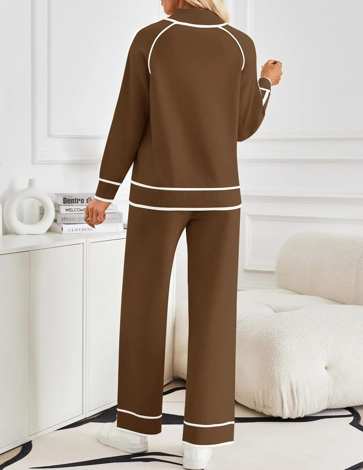 ZESICA Women's Two Piece Outfits Sweater Sets Long Sleeve Turtleneck Pullover Tops Wide Leg Pants Lounge Sets