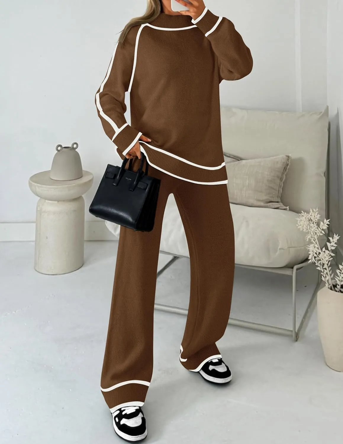 ZESICA Women's Two Piece Outfits Sweater Sets Long Sleeve Turtleneck Pullover Tops Wide Leg Pants Lounge Sets